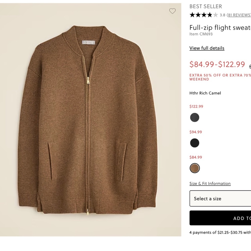 J Crew New Full-zip flight sweater-jacket